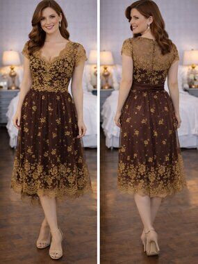 Collette Dinnigan Gold Brown Lace Designer Midi Dress $1500